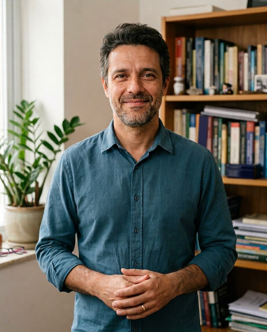 Retrato de um especialista em pé no próprio consultório, ao lado da estante de livros.